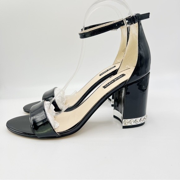 Nine West Size 8 Abigail Black‎ Patent Leather Jeweled Block Heel Dress Sandals - Picture 6 of 13